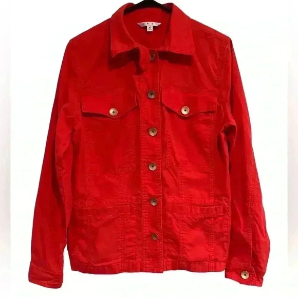 Cabi Taylor Utility Ruffle Back Button Down
Jacket #727 Red Orange - Picture 3 of 14